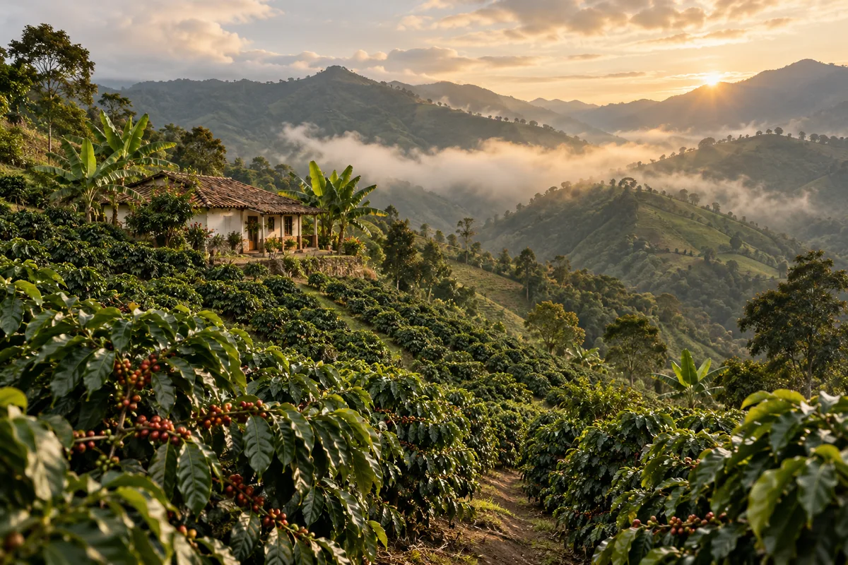 Paisaje ilustrativo de una finca cafetera en los Andes colombianos
